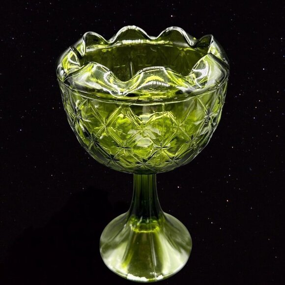 Indiana Art Glass Pedestal Tall Cup Bowl Diamond Avocado Green Duette 9”T 5”W - Picture 2 of 10